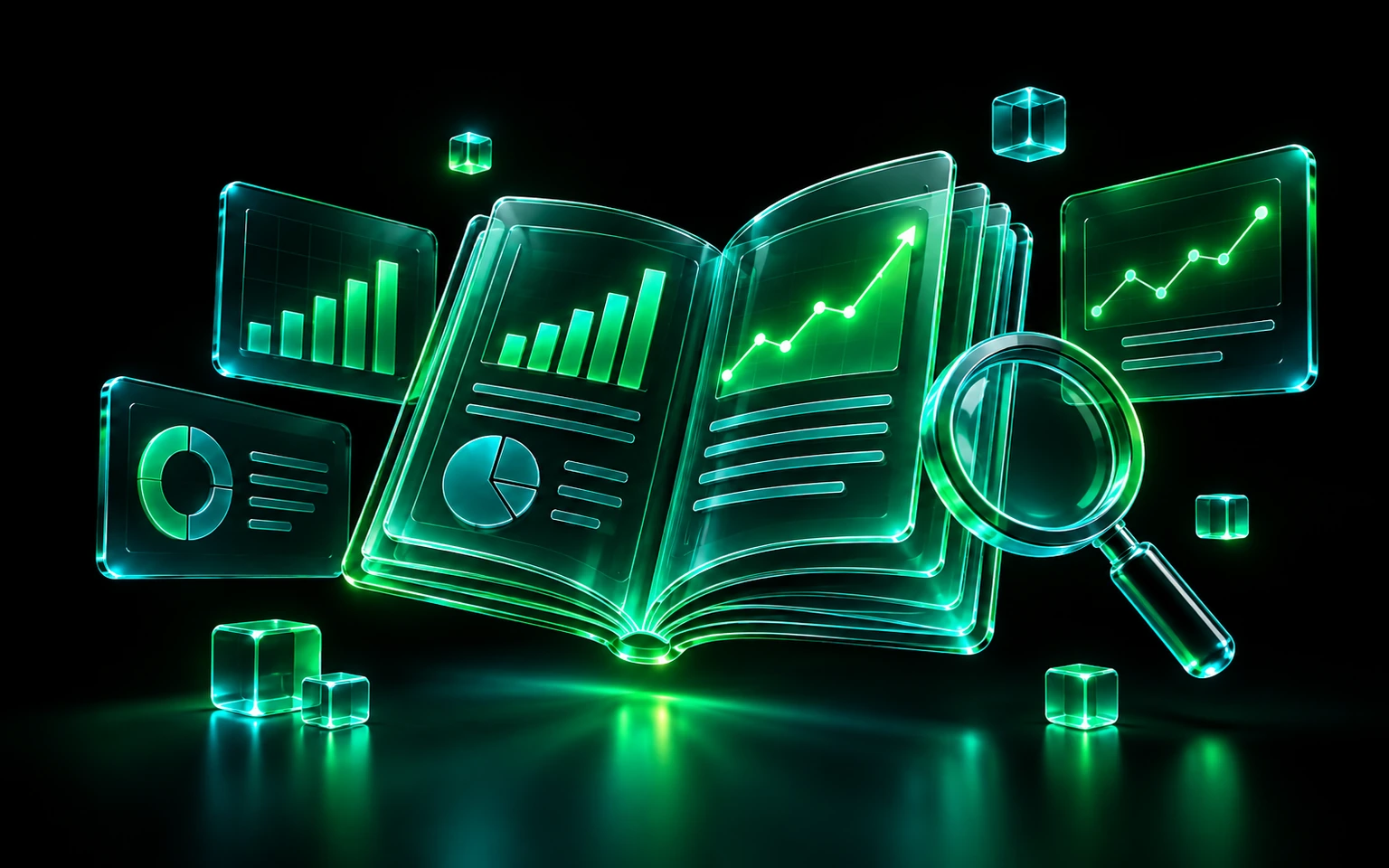 Стеклянная книга с графиками и инструментами анализа данных